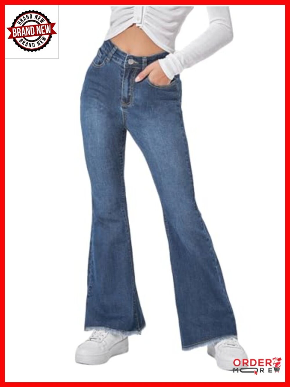 Petite High Waisted Raw Hem Flared Bell Bottom Jeans Stretchy Denim Pants